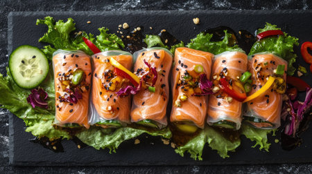 Modern food presentation of salmon spring rolls with fresh cucumber, bell peppers, and lettuce, placed on a black slate boardの素材