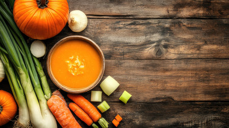 Overhead shot of a bowl of salmon soup with noodles, carrots, and leeks, arranged on a rustic wooden table with copy spaceの素材