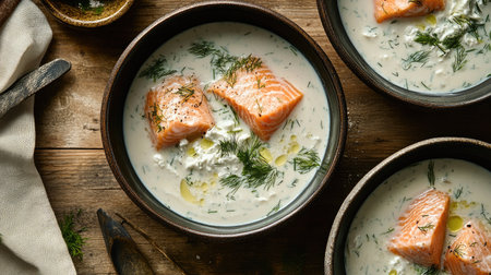 Overhead shot of steaming Finnish salmon soup with cream, garnished with fresh dill, served on an old wooden table with rustic elementsの素材
