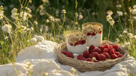 Raspberry yogurt dessert glasses styled with layers of fruit and granola, surrounded by a rustic basket of berries in a summer outdoor sceneの素材