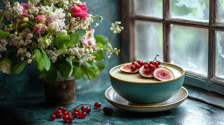 Panna cotta served on an elegant ceramic dish, garnished with currants and fig slices, placed near a bouquet of fresh flowers by a windowの素材