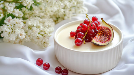 Panna cotta served on an elegant ceramic dish, garnished with currants and fig slices, placed near a bouquet of fresh flowers by a windowの素材