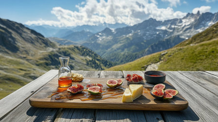 Rustic wooden board with hard cheeses from the Alps, honey drizzle, and figs, served outdoors on a sunny day with a scenic mountain viewの素材