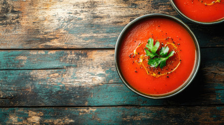 Rustic-style creamy Finnish salmon soup served in an antique ceramic bowl, placed on an old wooden surface with copy spaceの素材
