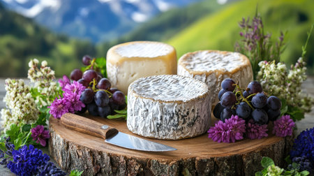 Rustic wooden cheese board with Alpine hard cheeses, decorated with edible flowers, grapes, and a knife, set against a mountain backdropの素材