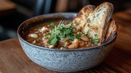 Rustic French Aigo Bouido garlic soup served in a ceramic bowl with fresh herbs and toasted bread on a wooden tableの素材