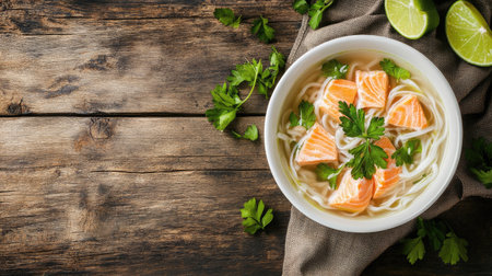 Simple and delicious salmon noodle soup with fresh vegetables, served in a white bowl on a rustic wooden table, top view with copy spaceの素材