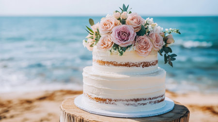 Romantic beach wedding cake with soft pastel florals, placed on a wooden table with the sea in view.の素材