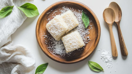 Thai steamed banana cake on a wooden plate, styled with coconut toppings and placed on a minimal white backgroundの素材