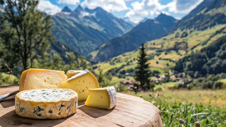 Traditional Alpine cheese plate with a variety of hard cheeses, arranged on a rustic wooden board, served outdoors with mountain scenery in the backgroundの素材