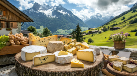 Traditional Alpine cheese plate with a variety of hard cheeses, arranged on a rustic wooden board, served outdoors with mountain scenery in the backgroundの素材