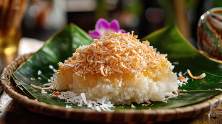 Traditional Thai Kanom Kluay served with a generous topping of shredded coconut on a banana leaf-lined plateの素材