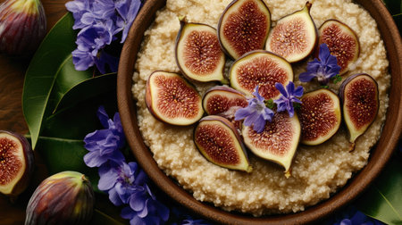 Top-down photo of semolina porridge and figs arranged symmetrically with edible flowers, creating a visually appealing compositionの素材