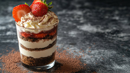 Strawberry chocolate sponge dessert with whipped cream, layered in a glass and topped with a sliced strawberry and cocoa powder dustの素材