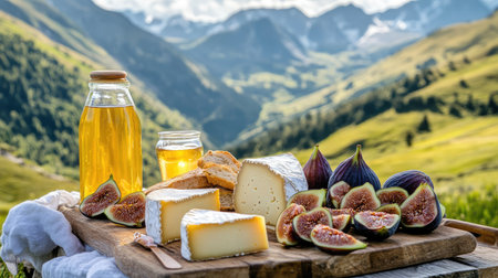 Traditional hard cheese platter with fresh figs, honey, and slices of bread, styled outdoors on a picnic table in an alpine valleyの素材