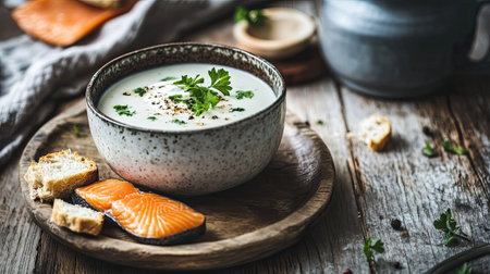 Traditional homemade Finnish salmon soup with cream, served in a rustic setting on an aged wooden table with vintage tablewareの素材