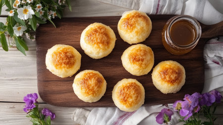 Traditional Pashka dessert placed on a wooden serving board with a floral napkin, honey jar, and fresh greenery as decorationの素材
