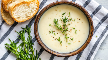 Traditional seafood stew in a rich and creamy sauce, served in a rustic ceramic bowl with fresh herbs, flat lay on a striped clothの素材