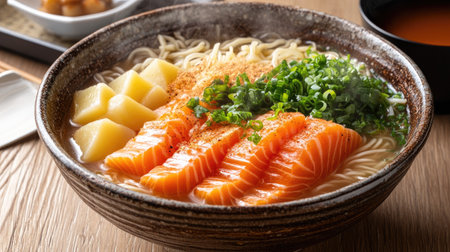 Traditional salmon soup with noodles, potatoes, and herbs, steaming in a ceramic bowl on a wooden surface, copy space on the leftの素材