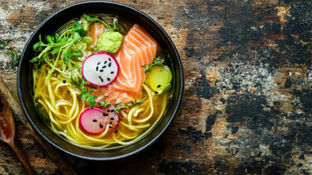 Traditional Nordic-style salmon soup with noodles and root vegetables, presented on a rustic wooden table with copy spaceの素材