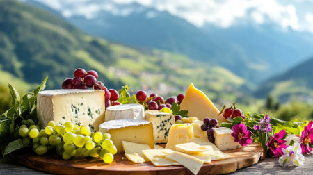 Vibrant Alpine cheese board with hard cheeses, grapes, and edible flowers, set on a rustic wooden table against a scenic mountain backdropの素材