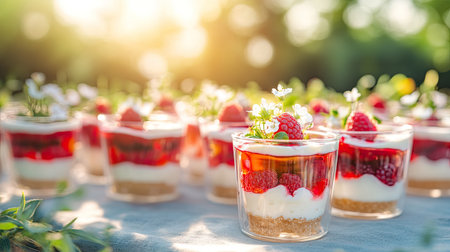 Transparent glasses with layered raspberry and yogurt desserts, styled with honey drizzle and fresh flowers in a breezy outdoor settingの素材