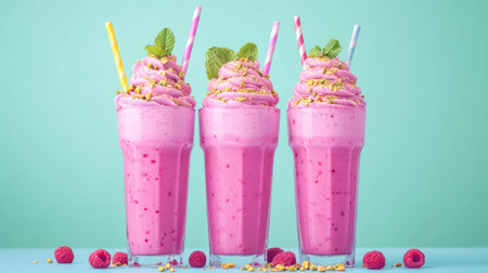 Summer-themed raspberry yogurt parfaits in clear glasses, decorated with mint leaves and crushed pistachios on a pastel backgroundの素材