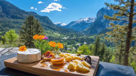 Vibrant Alpine cheese platter with hard cheeses, edible flowers, and sliced fruit, served on a wooden board outdoors with bright blue skiesの素材