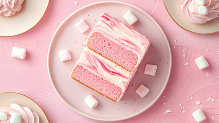 Artistic composition of pink marble cake with marshmallow garnish, plated on a modern dish, stylish food photographyの素材