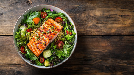 Warm and comforting salmon noodle soup with fresh vegetables, served in a ceramic bowl on a rustic wooden table, copy space on the rightの素材