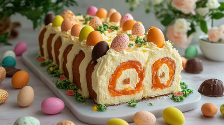 Beautiful carrot roll cake with velvety cream cheese filling, decorated with festive chocolate eggs and colorful carrot jelly, elegant food stylingの素材