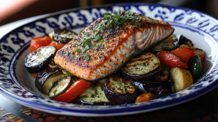 Vibrant plate of grilled salmon with a hearty salad of roasted zucchini, eggplant, and bell peppers, seasoned with garlic and fresh herbsの素材