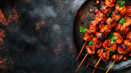 Authentic Japanese yakitori skewers with grilled chicken, glazed in savory tare sauce, served on a rustic ceramic plate, smoky backgroundの素材