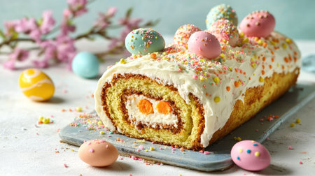 Artisanal Easter carrot roll cake with thick cream cheese frosting, topped with pastel chocolate eggs and sugar sprinkles, styled on a textured surfaceの素材