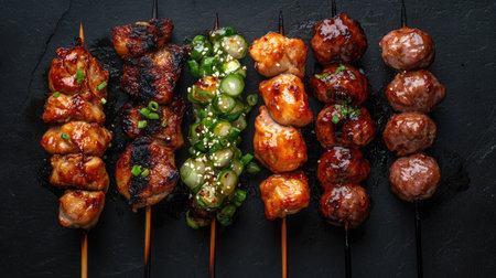 Artistic yakitori composition featuring skewered chicken, grilled negima chicken with scallions, and tsukune chicken meatballsの素材