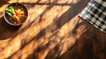Overhead shot of a bowl of salmon soup with noodles, carrots, and leeks, arranged on a rustic wooden table with copy spaceの素材