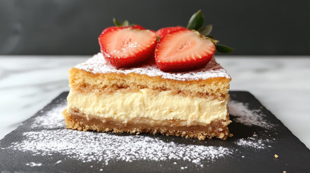 Cheesecake slice with layers of rich cream cheese filling and graham cracker crust, adorned with strawberry slices and powdered sugarの素材