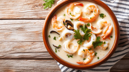 Overhead shot of a creamy seafood stew in a rustic ceramic bowl, served with fresh parsley, shrimp, mussels, and calamari, styled on a striped napkinの素材