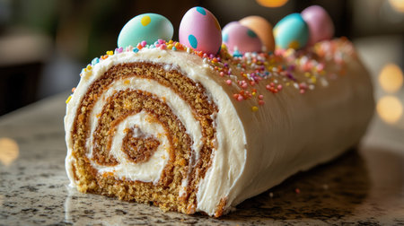 Artisanal Easter carrot roll cake with thick cream cheese frosting, topped with pastel chocolate eggs and sugar sprinkles, styled on a textured surfaceの素材
