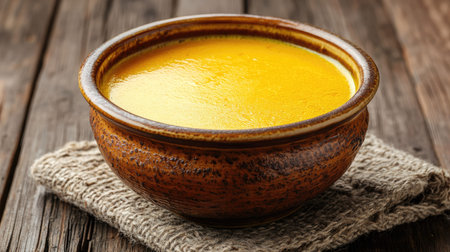 Winter comfort food featuring Finnish wild salmon soup with a creamy texture, served in an antique ceramic bowl on an old wooden backgroundの素材