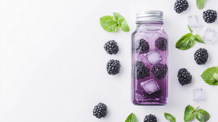 A beautifully styled blackberry and mint-infused water, served in a clear glass bottle with ice, against a clean white backgroundの素材