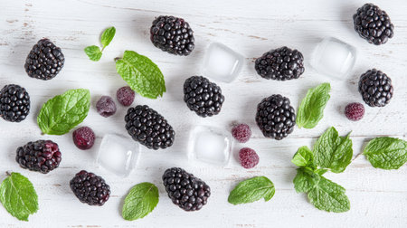 A flat lay of berry detox water ingredients, with fresh blackberries, mint, and ice cubes arranged artistically on a white wooden surfaceの素材