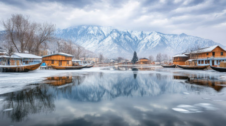A breathtaking view of Dal Lake in winter, surrounded by snow-capped mountains, with wooden houseboats and shikaras floating on the frozen waters.の素材