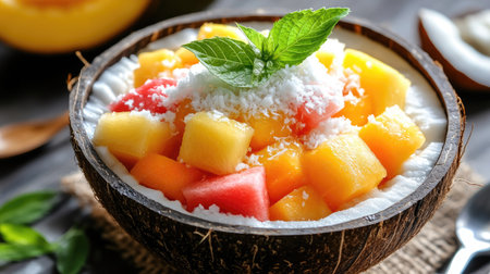 A bowl of Thai fruit dessert with melon, jackfruit, and crushed ice, topped with coconut milk and sugar syrup, served in a coconut shellの素材