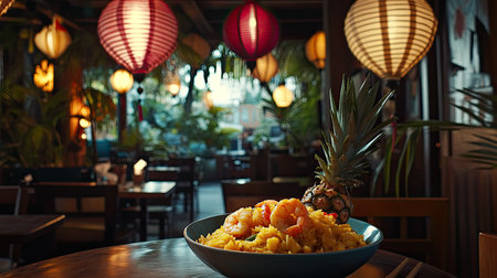 A cozy Thai restaurant setting featuring a bowl of pineapple fried rice with shrimp, with decorative lanterns and tropical plants in the backgroundの素材