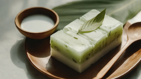 A deliciously plated pandan tapioca dessert, with a small side dish of coconut milk and a wooden spoon resting beside itの素材
