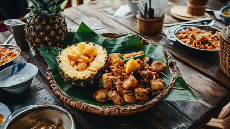 A freshly cooked plate of Khao Pad Sapparod, with a pineapple half as the serving bowl, placed on a banana leaf-covered wooden tableの素材