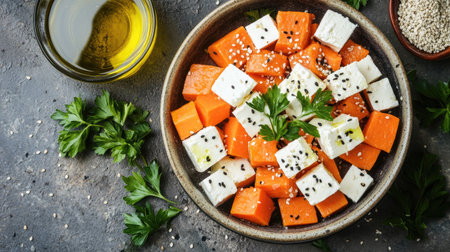 A cozy top view of a sweet potato and feta dish, styled with fresh parsley, sesame seeds, and olive oil on a rustic grey tableの素材