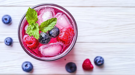 A glass of cold berry detox water, with ice cubes and fresh mint, condensation forming on the sides, on a bright white wooden surfaceの素材