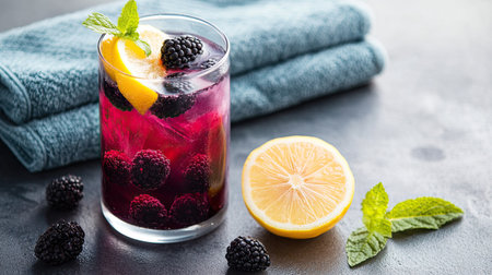 A glass of cold blackberry detox water, placed beside a workout towel and a lemon slice, promoting a healthy hydration routineの素材